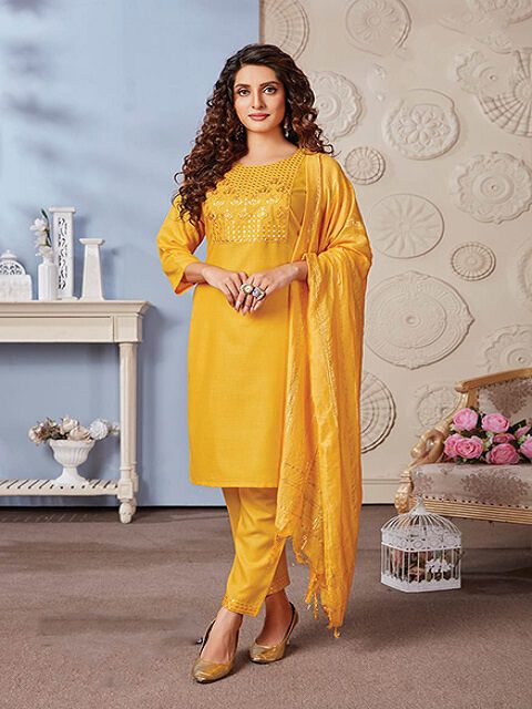 Tussah Yellow Solid Straight Kurta Pent With Dupatta