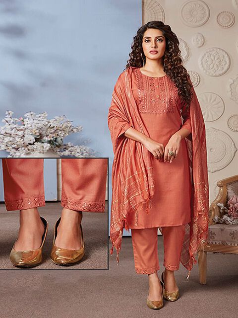 Tussah Orange Solid Straight Kurta Pent With Dupatta