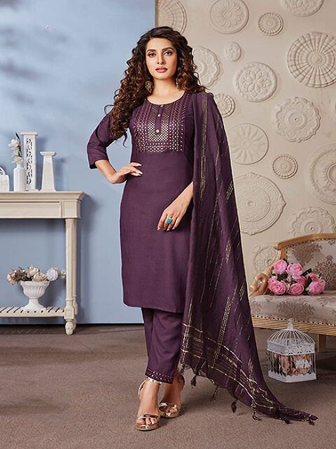 Tussah Purple Solid Straight Kurta Pent With Dupatta