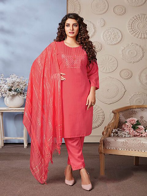 Tussah Pink Solid Straight Kurta Pent With Dupatta