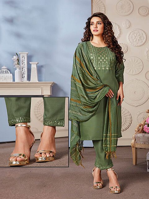 Tussah Green Solid Straight Kurta Pent With Dupatta