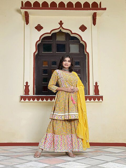 Tussah Yellow Printed Lace Work Sharara 