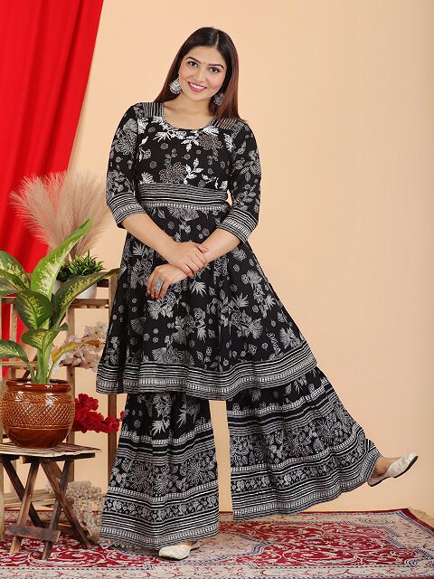 Tussah Cotton Black Kurta And Sharara set