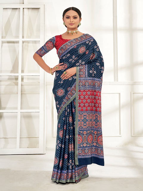 Tussah Crape Blue Designer Saree