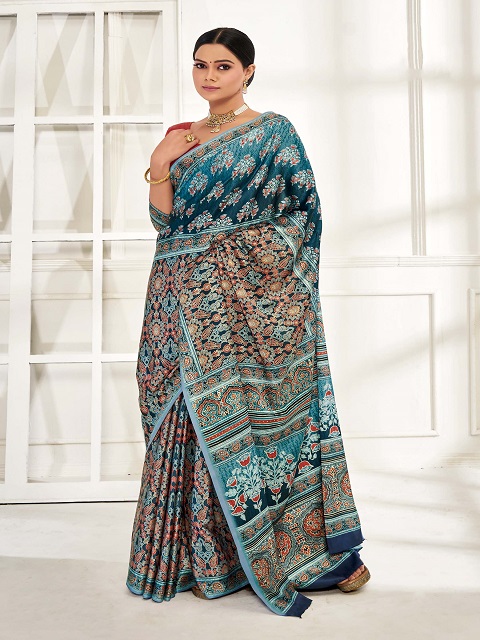 Tussah Crape Blue Designer Saree