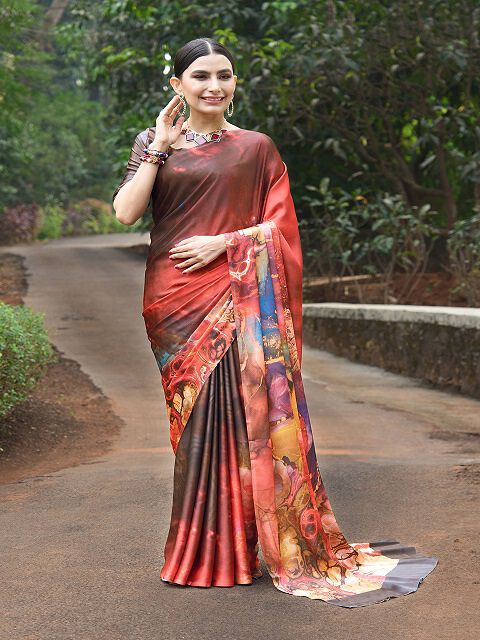 Tussah Crape Multicolor Digital Print Designer Saree 