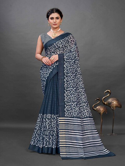 Tussah Silk Blend Navy Blue designer Saree