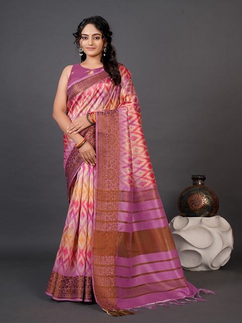 Tussah Cotton Silk Pink Designer Saree