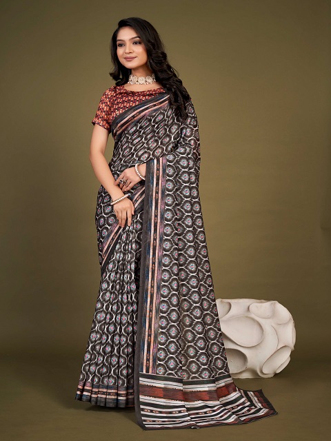 Tussah bhagalpuri Silk Brown Designer Saree