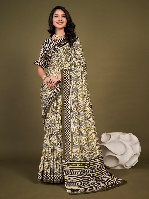 Tussah Bhagalpuri silk Olive Designer Saree