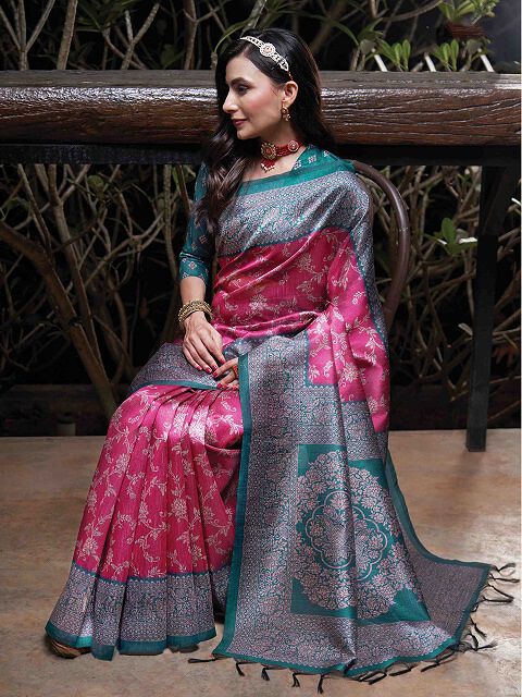 Tussah Sufi Silk Pink & Sea Green Designer saree