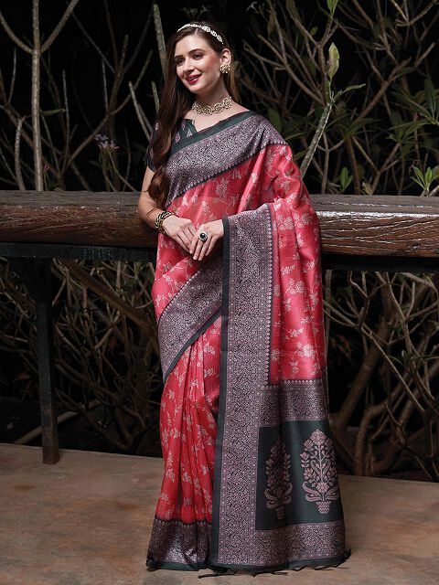 Tussah Sufi Silk Red Designer saree