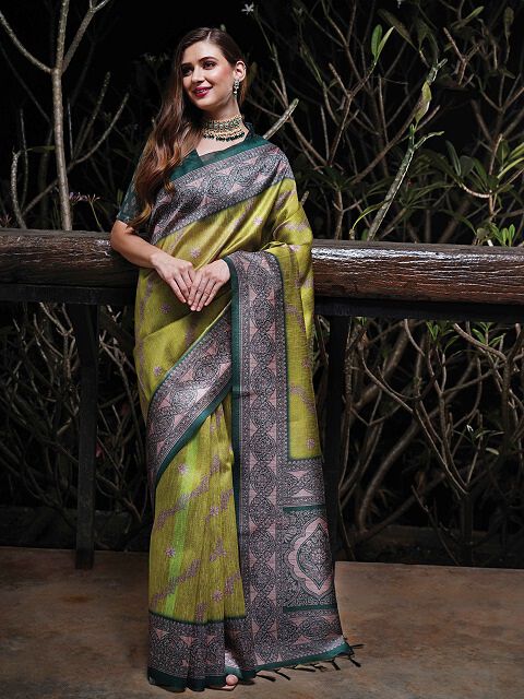 Tussah Sufi Silk Green Designer saree