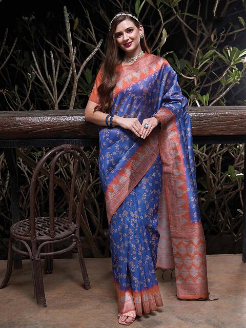 Tussah Sufi Silk Blue Designer saree