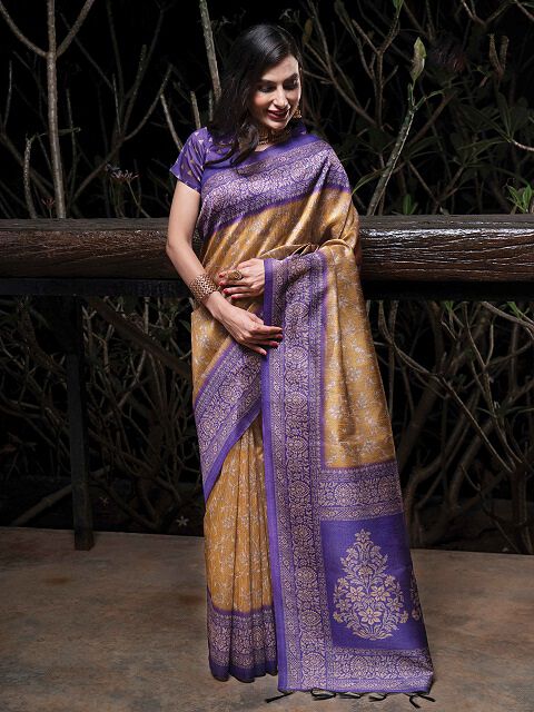 Tussah Sufi Silk Gold & Purple Designer saree