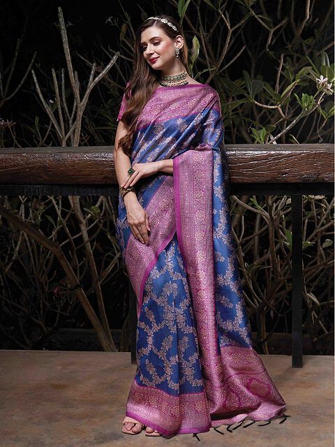 Tussah Sufi Silk Blue & Magenta Designer saree