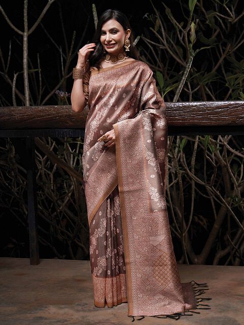 Tussah Sufi Silk Brown Designer saree