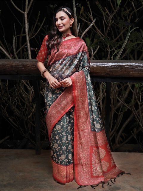 Tussah Sufi Silk Red Designer saree