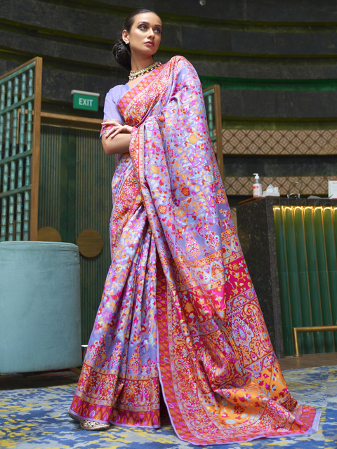 Buy Koskii Lavender Floral Printed Tissue Saree with Unstitched Blouse  online