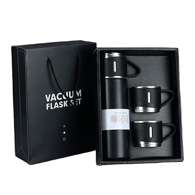 Double Wall Stainless Steel Thermo 500ml Vacuum Insulated Bottle Water Flask Gift Set with Two Cups Hot & Cold | Assorted Color