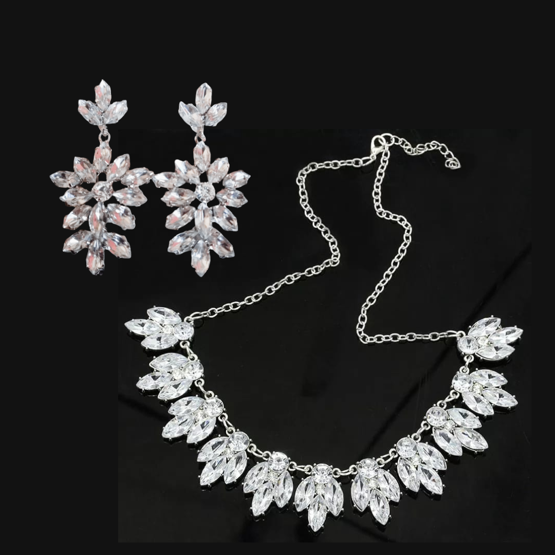 Silver Tone Clear Rhinestone Statement Choker Necklace & Earrings Bridal Wedding Set