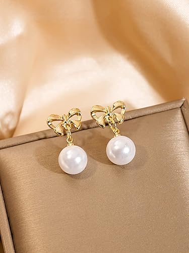 Gold Bow Pearl Stud Drop Earrings