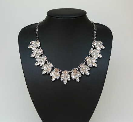 Silver Crystal Teardrop Bib Statement Necklace