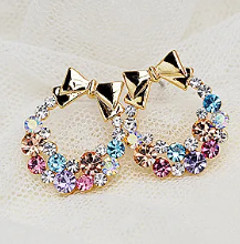 Vintage Gold Tone Multi Color Rhinestones Christmas Wreath Earrings