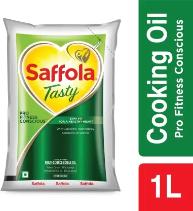 Saffola Tasty Refined Cooking Oil Rice bran & Corn Blended Oil Pouch  (1 L)