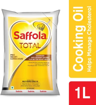 Saffola Total Refined Cooking Rice Bran & Safflower Blended Oil Pouch  (1 L)