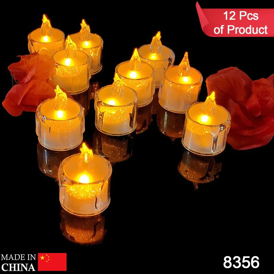 12 PCS FLAMELESS AND SMOKELESS DECORATIVE ACRYLIC CANDLES TRANSPARENT LED TEA LIGHT CANDLE FOR GIFTING, HOUSE, DIWALI, CHRISTMAS, FESTIVAL, EVENTS DEC