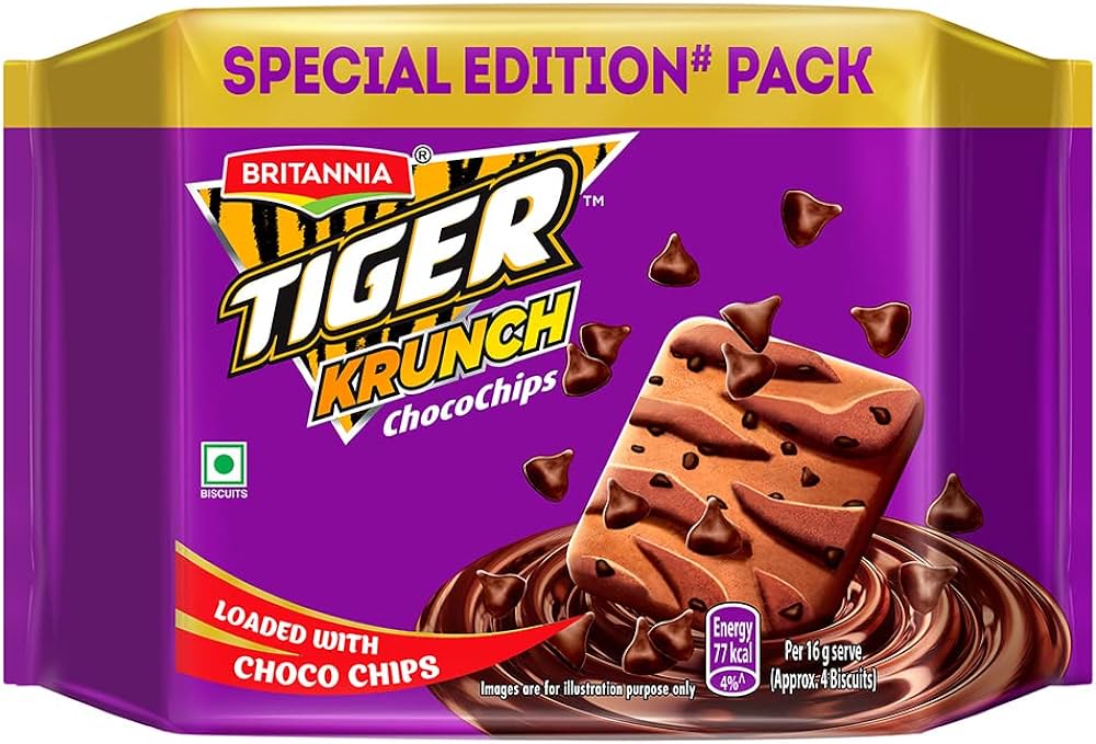 Britannia Tiger Krunch Chocochips Biscuit - Crunchy, Ready To Eat, 27 g (Get 16% Extra) (12pcs pak)