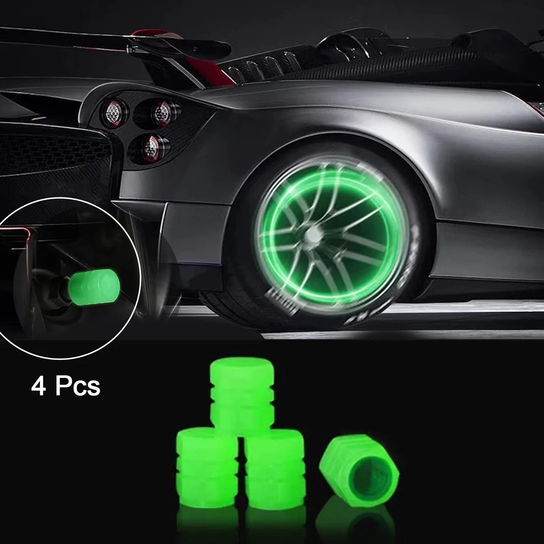Tyre Valve Caps Luminous Glow Car Tire Air Stem Valve Cap Covers ( 4 Pcs )
