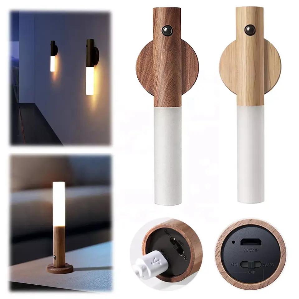 Rechargeable Smart LED Motion Sensor Light - Portable Magnetic Wooden Night Light for Bedroom, Wardrobe, and Corridor