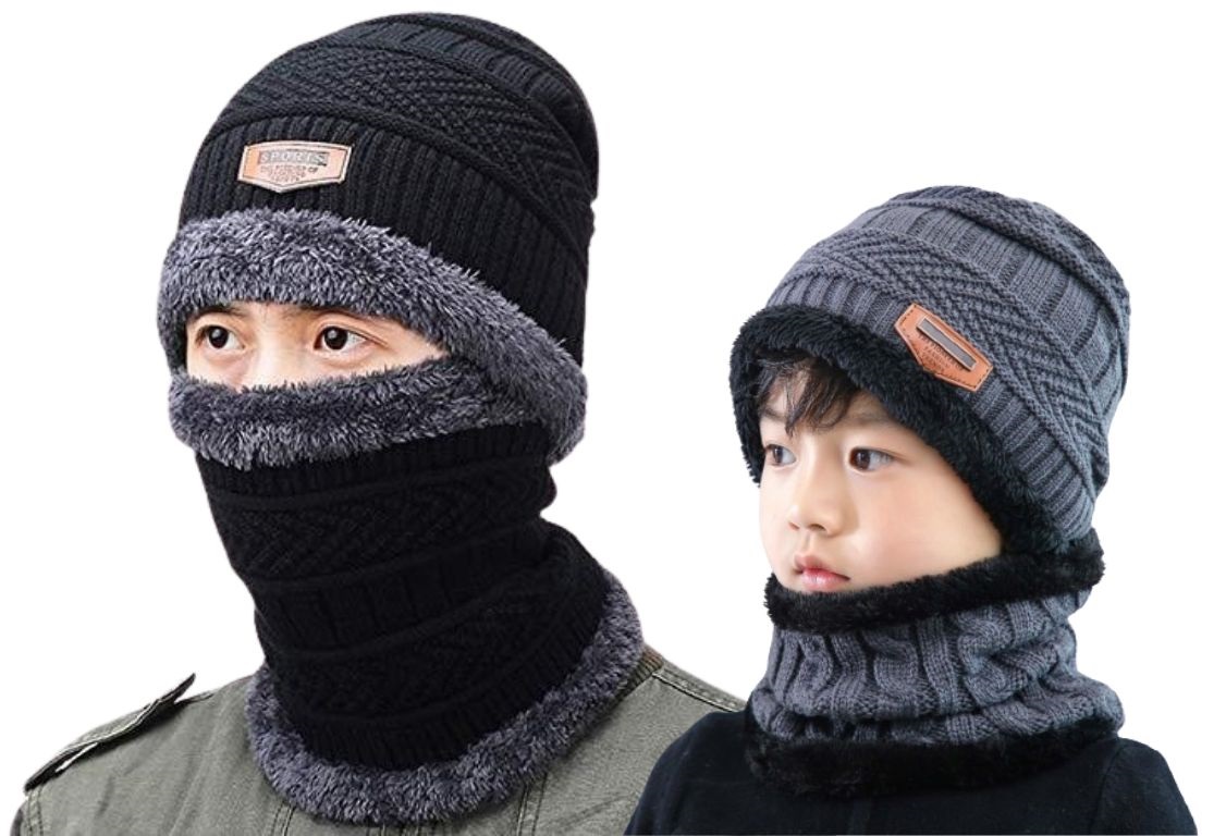 Warm Knit Winter Beanie Hat and Scarf Set - Soft Thick Fleece Lined Cap and Neck Warmer for Men, Women, and Kids