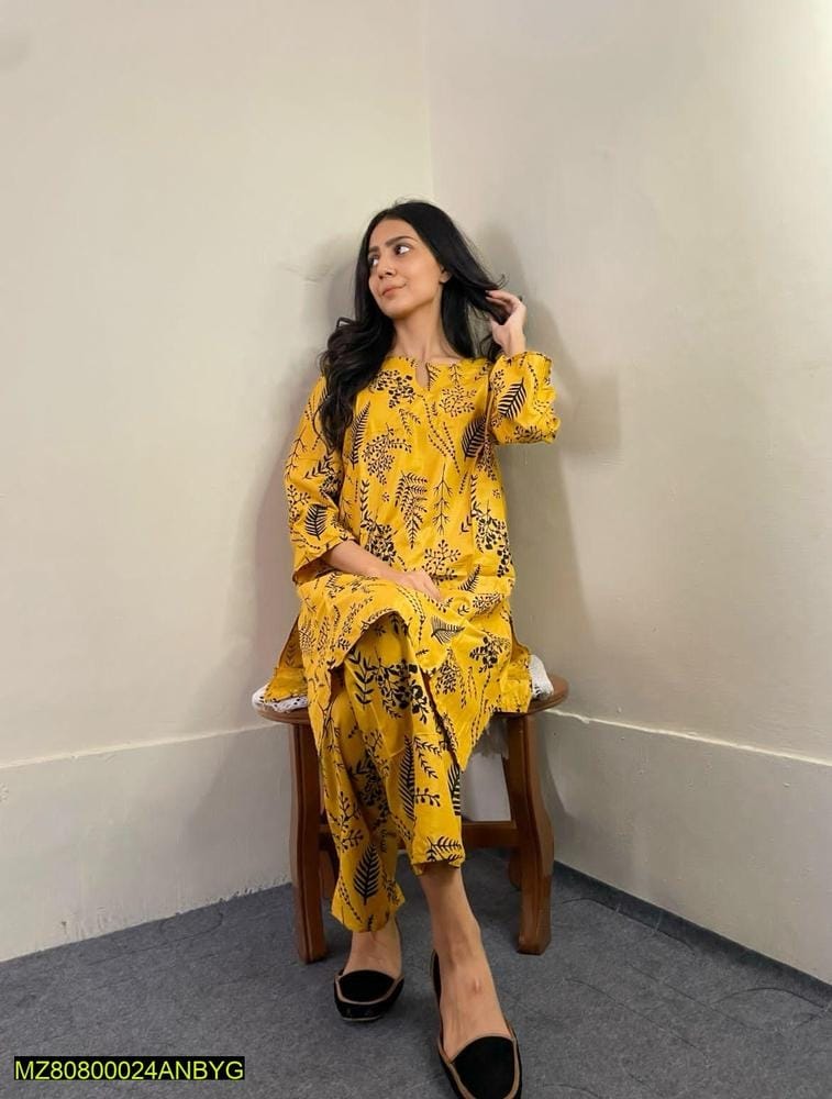 2 Pcs Women's Stitched Linen Printed Suit