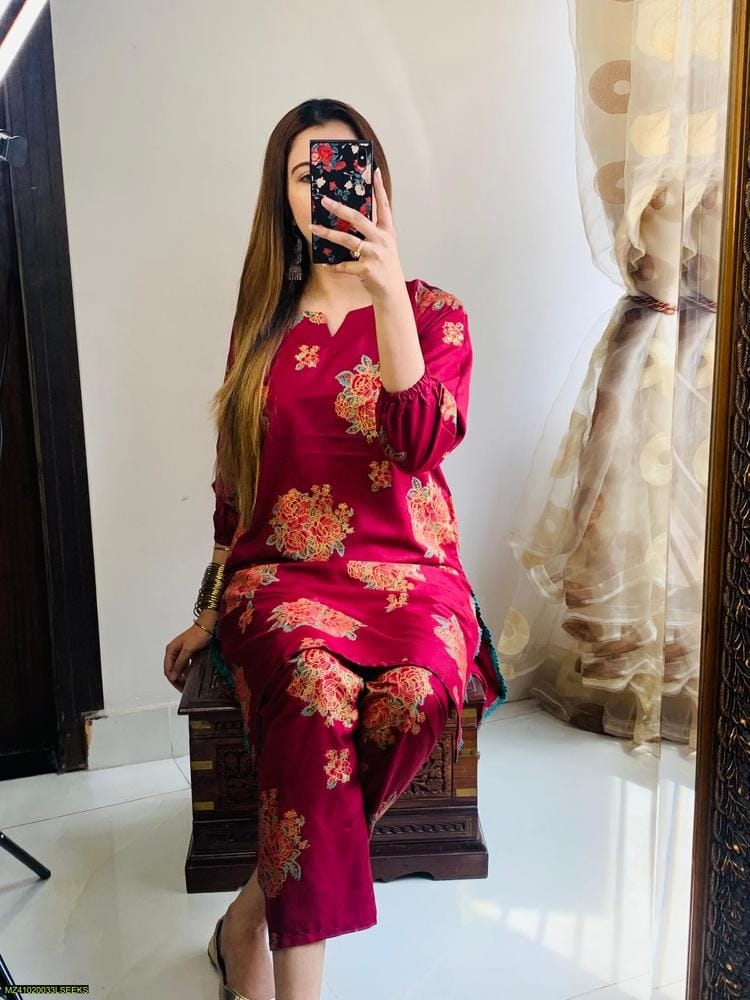 2 Pcs Women's Stitched Linen Printed Shirt And Trouser