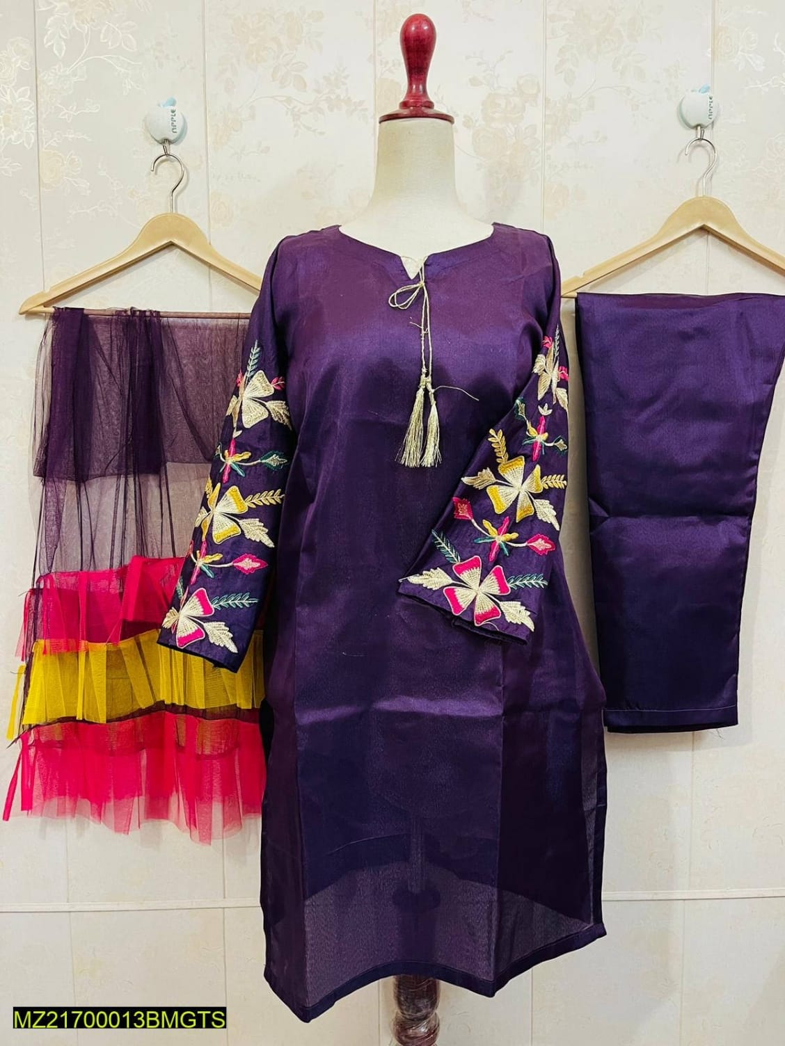 3 Pcs Womens Stitched Katan Silk Suit 