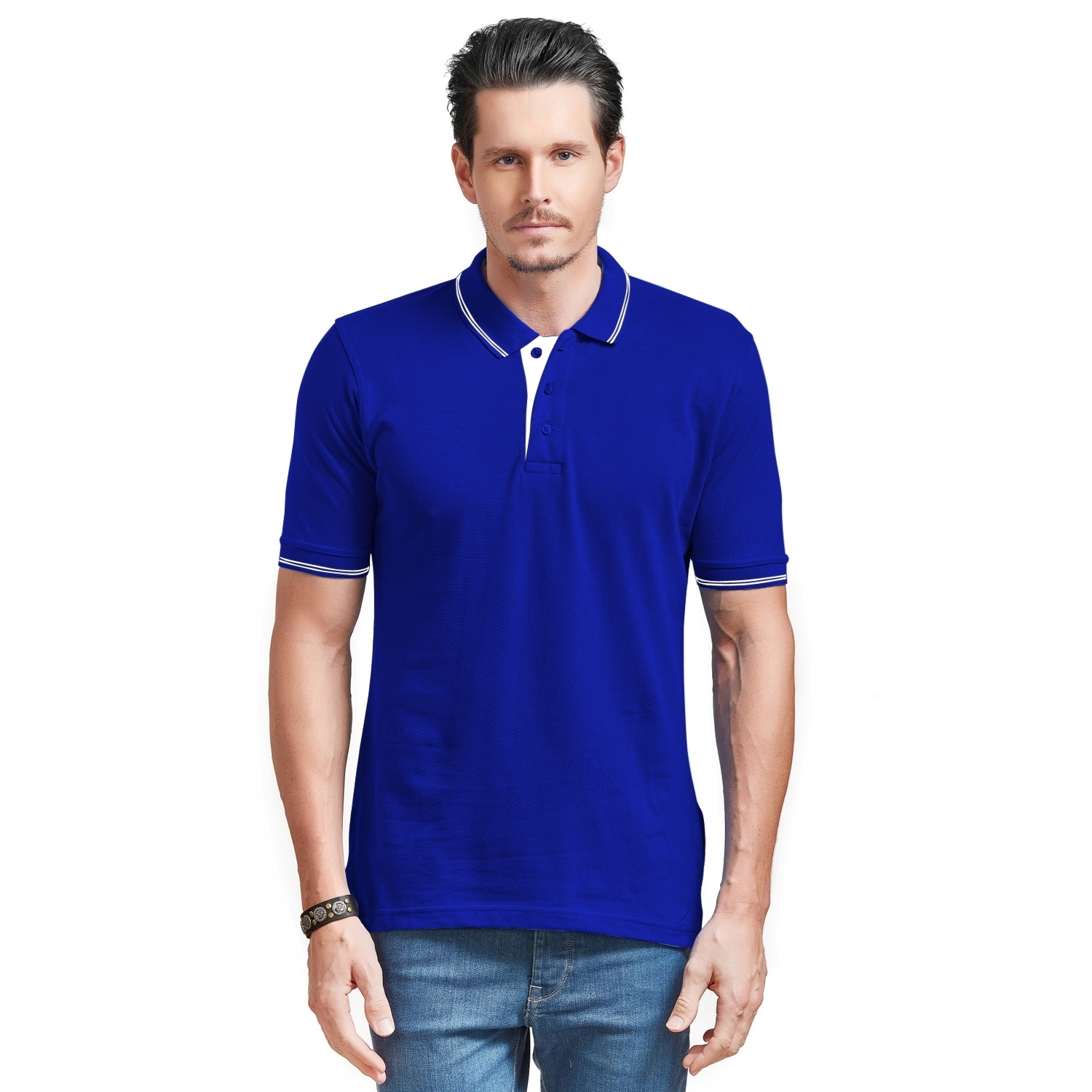 DOUBLE  F POLO NECK ROYAL BLUE T-SHIRTS WITH WHITE PLACKET