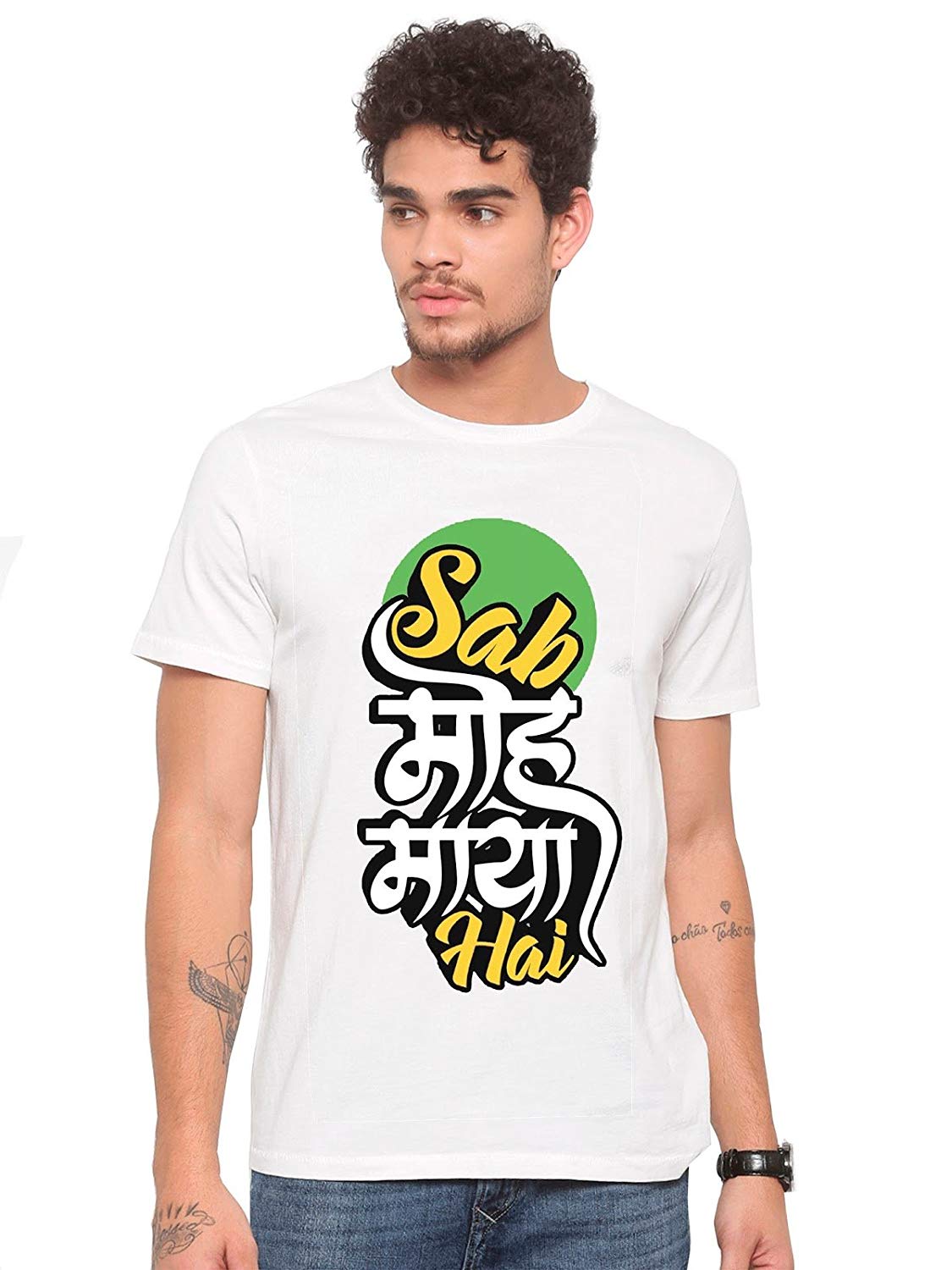 DOUBLE F ROUND NECK HALF SLEEVE WHITE COLOR SAB MOH MAYA HAI PRINTED T-SHIRT FOR MEN