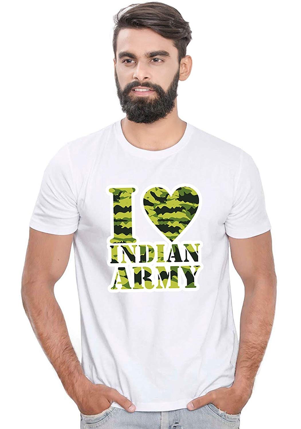 DOUBLE F ROUND NECK HALF SLEEVE WHITE COLOR I LOVE INDIAN ARMY PRINTED T-SHIRT FOR MEN