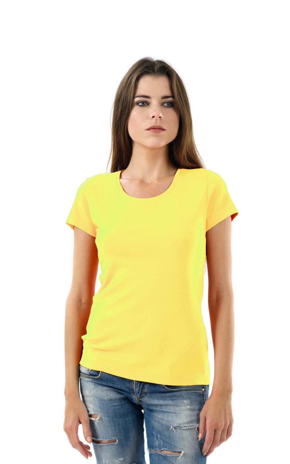 DOUBLE F ROUND NECK HALF SLEEVE YELLOW COLOR PLAIN T-SHIRT FOR WOMEN