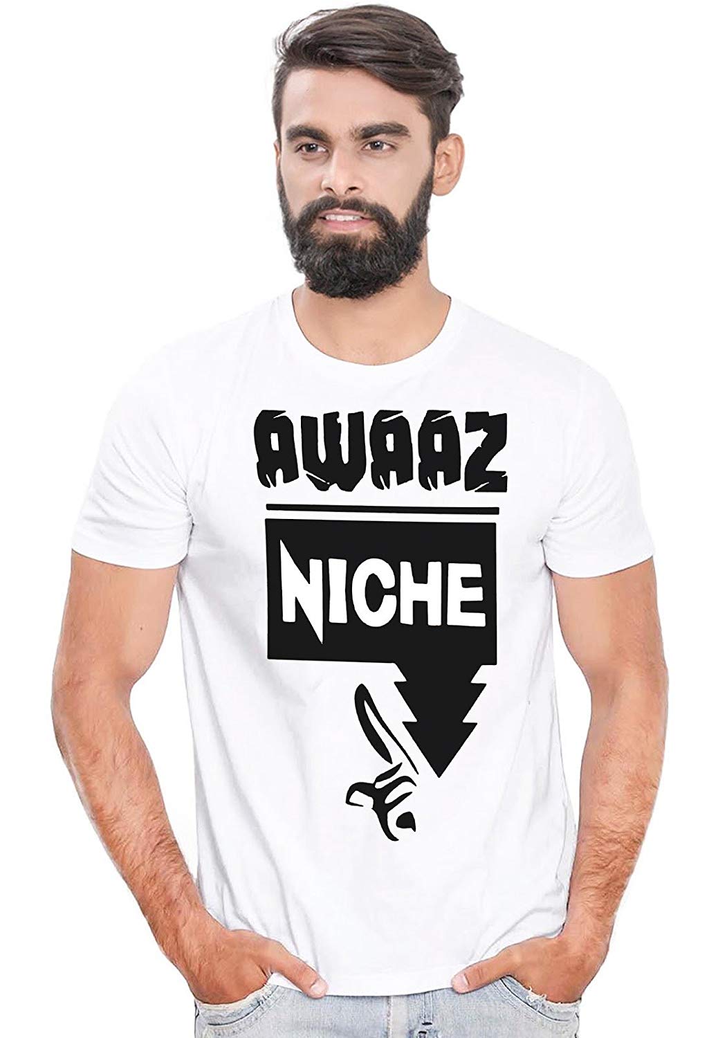 DOUBLE F ROUND NECK HALF SLEEVE WHITE COLOR AWAZ NICHE PRINTED T-SHIRT FOR MEN