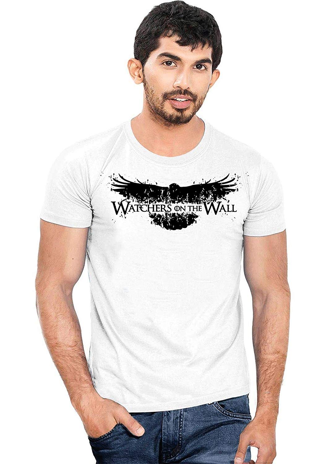 DOUBLE F ROUND NECK HALF SLEEVE WHITE COLOR WATCHERS ON THE WALL PRINTED T-SHIRT FOR MEN