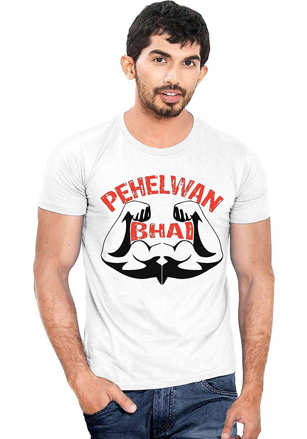 DOUBLE F ROUND NECK HALF SLEEVE WHITE COLOR NEW PAHELWAN BHAI PRINTED T-SHIRT FOR MEN