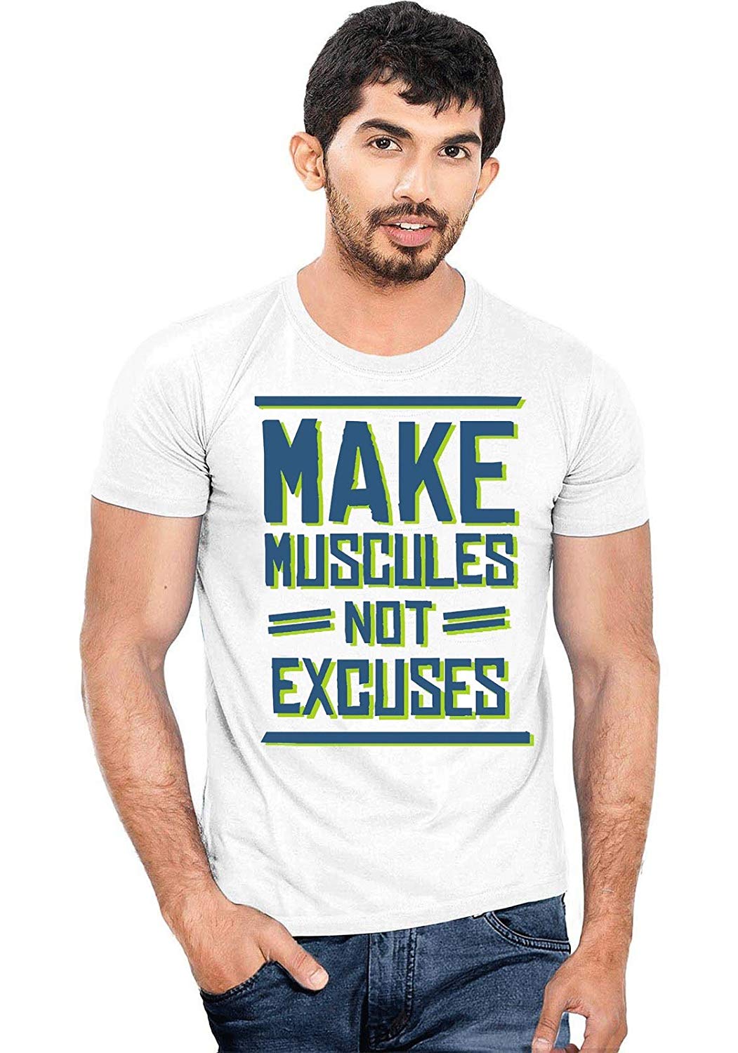 DOUBLE F ROUND NECK HALF SLEEVE WHITE COLOR MAKE MUSCULES NOT EXCUSES PRINTED T-SHIRT FOR MEN