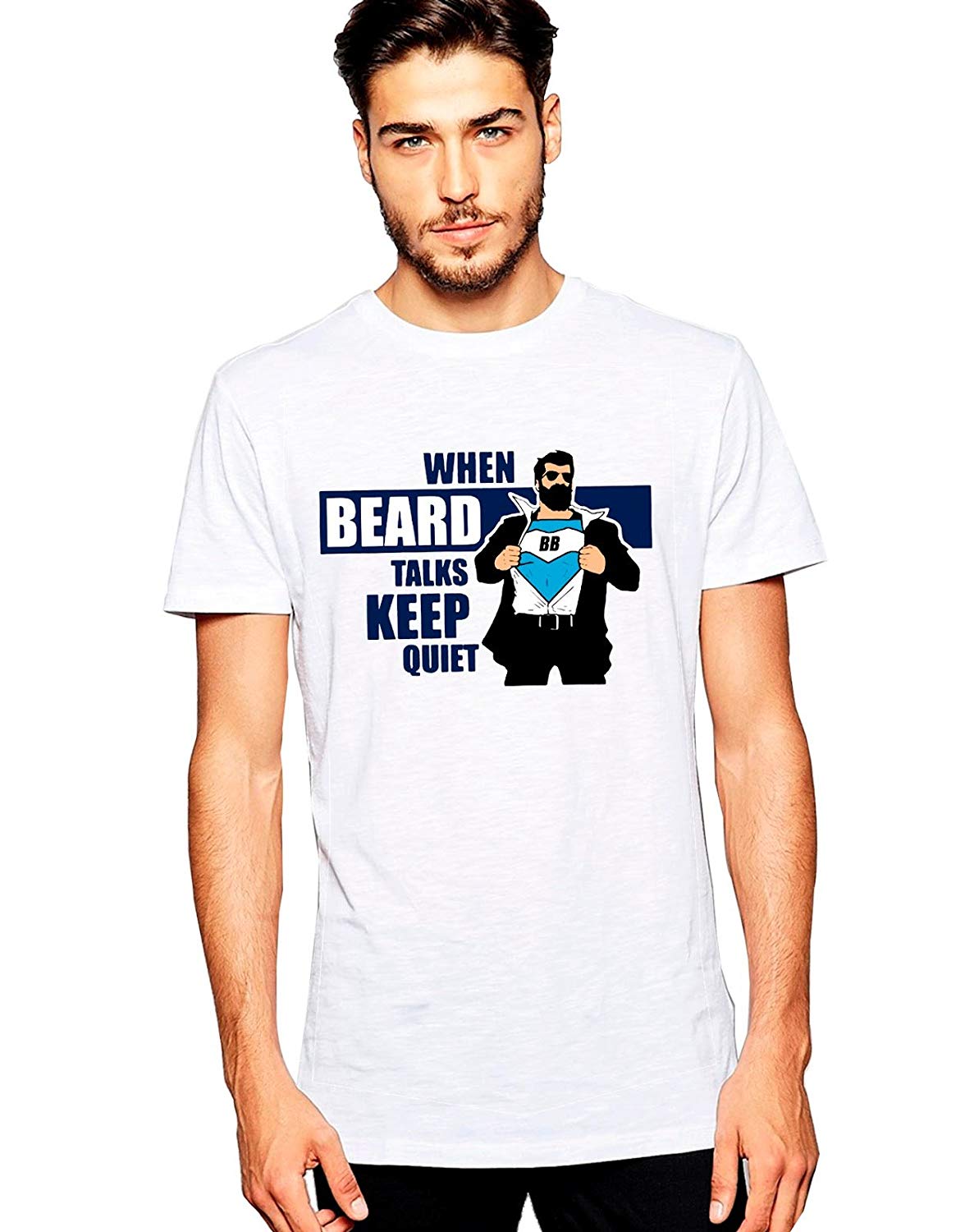 DOUBLE F ROUND NECK HALF SLEEVE WHITE COLOR WHEN BEARD TALKS KEEP QUITE PRINTED T-SHIRT FOR MEN