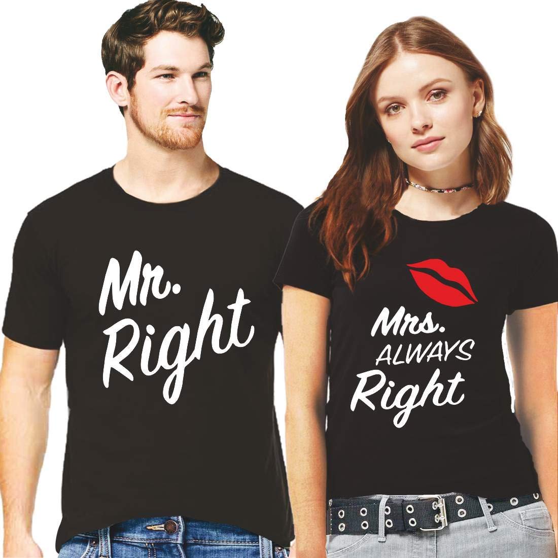 DOUBLE F BLACK COLOR MR. RIGHT MRS. ALWAYS RIGHT PRINTED COUPLE T-SHIRT FOR MEN