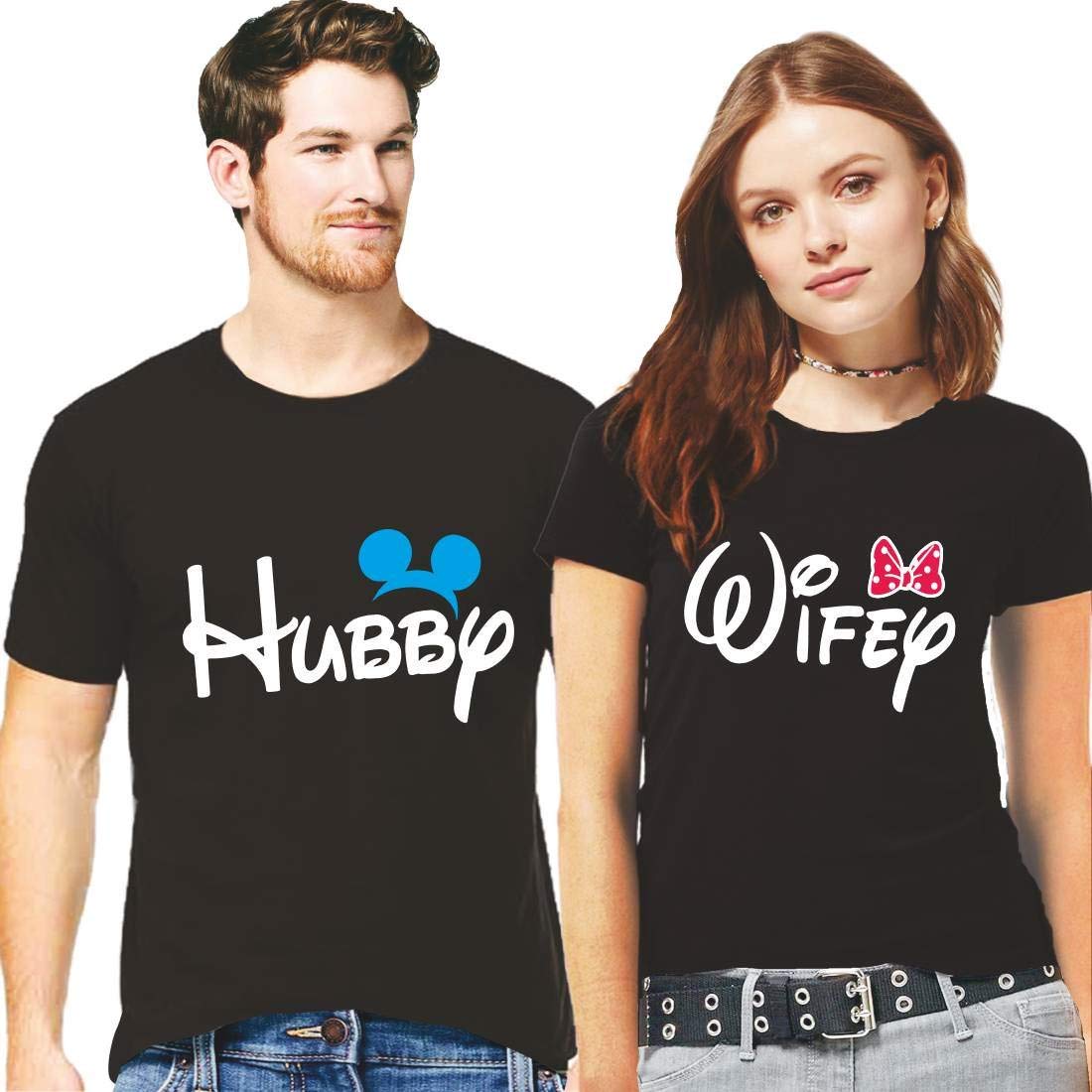 DOUBLE F BLACK COLOR HUBBY WIFEY PRINTED COUPLE T-SHIRTS