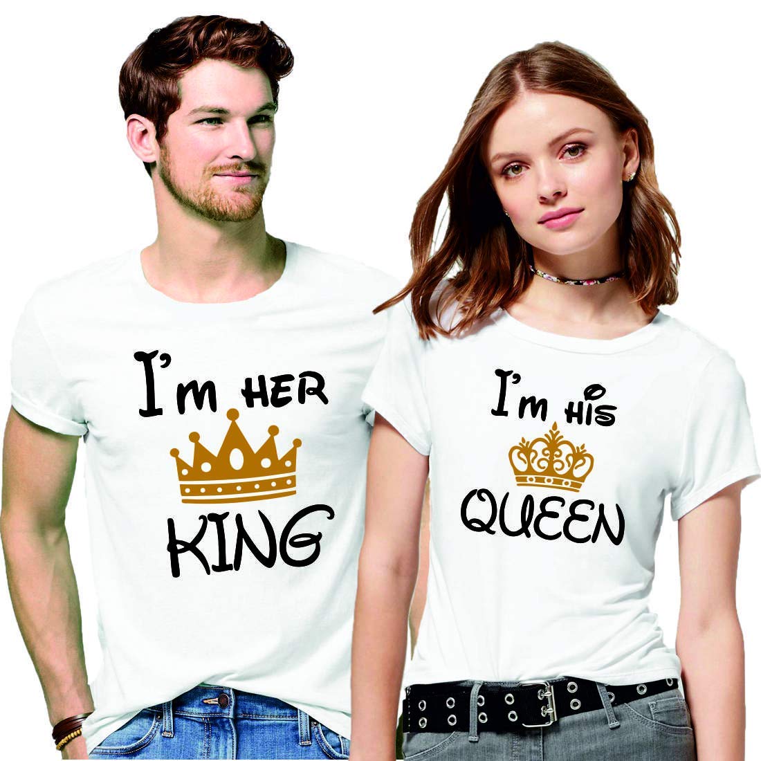 DOUBLE F WHITE COLOR I AM HER KING AND I AM HIS QUEEN PRINTED COUPLE T-SHIRTS